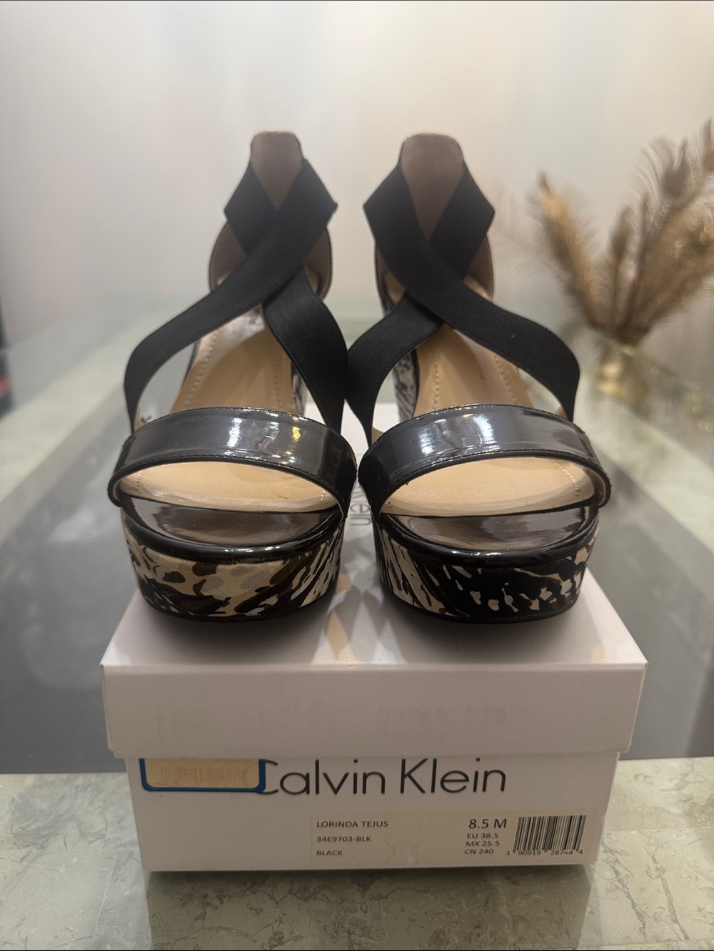 Calvin Klein Black Patent & Animal-Print Platform Wedges